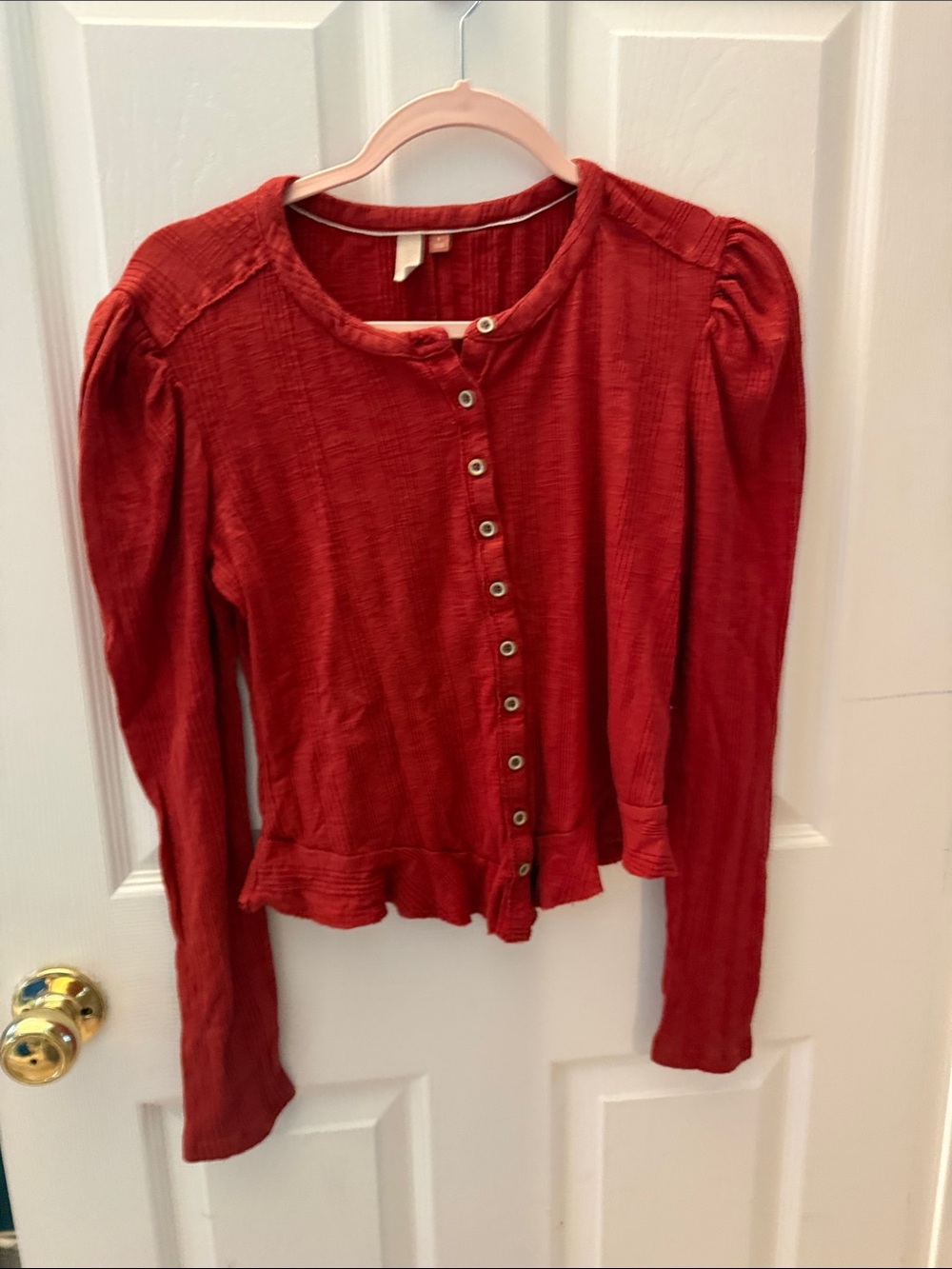 Anthropologie Rust Red Button-Front Ruffle Hem Long Sleeve Top